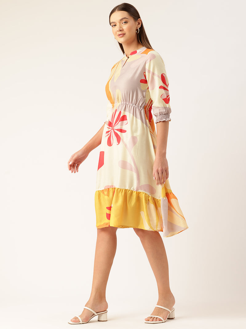 Women’s Multi-Color Muslin Floral Dress with Mandarin Collar & 3/4 Smocked Sleeves