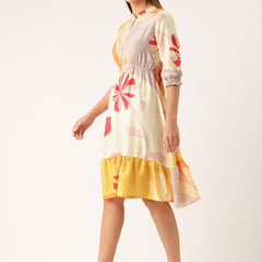 Women’s Multi-Color Muslin Floral Dress with Mandarin Collar & 3/4 Smocked Sleeves