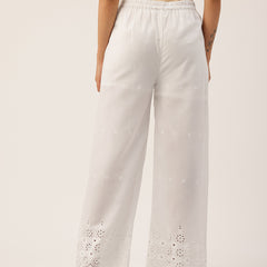 White Embroidered Palazzos–Fully Lined, Elastic Waist & Ankle-Length with Side Pocket