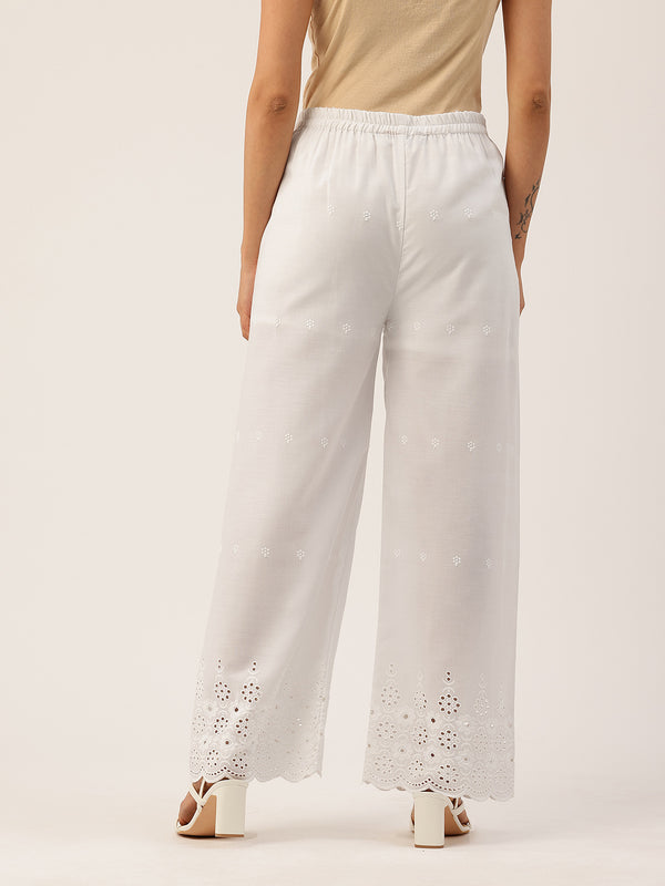 White Embroidered Palazzos–Fully Lined, Elastic Waist & Ankle-Length with Side Pocket