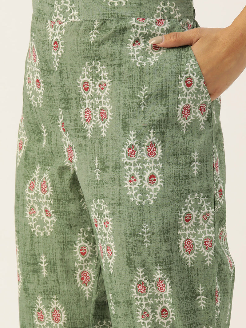 Green Printed Cotton Night Suit with V-Neck Kurti & Ankle-Length Pants