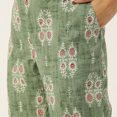 Green Printed Cotton Night Suit with V-Neck Kurti & Ankle-Length Pants