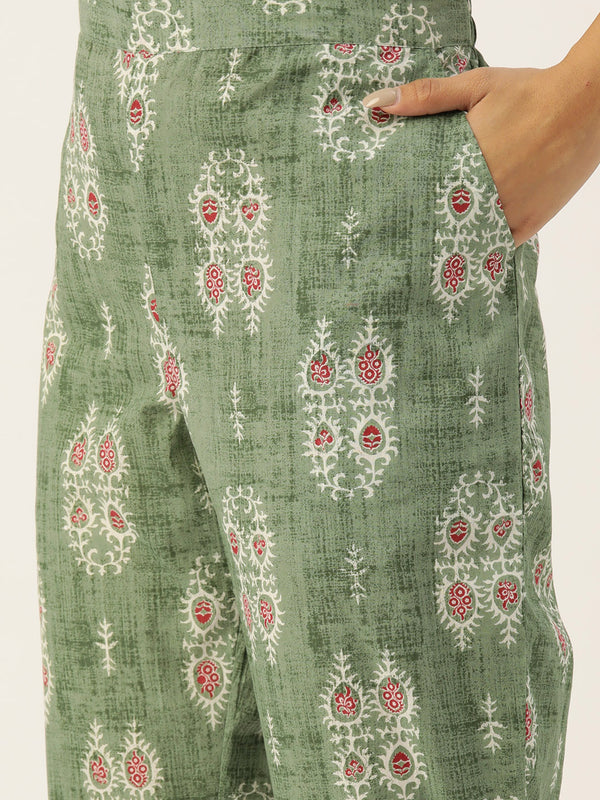 Green Printed Cotton Night Suit with V-Neck Kurti & Ankle-Length Pants