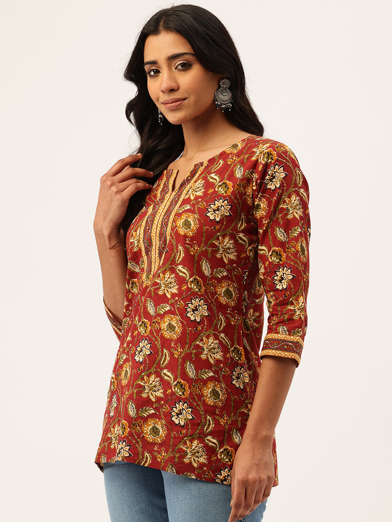 Empress Short Kurti for Women - V-Cut Neckline with Border Detail & 3/4 Sleeves