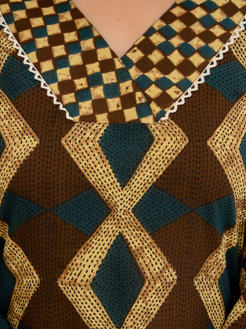 Bordered V-Neck 3-Piece Kurta Set with Ankle-Length Pants & Full-Length Dupatta (M–XXL)