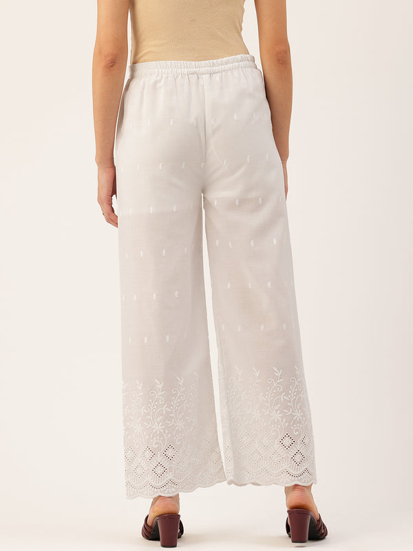 White Embroidered Palazzos–Fully Lined, Elastic Waist & Ankle-Length with Side Pocket