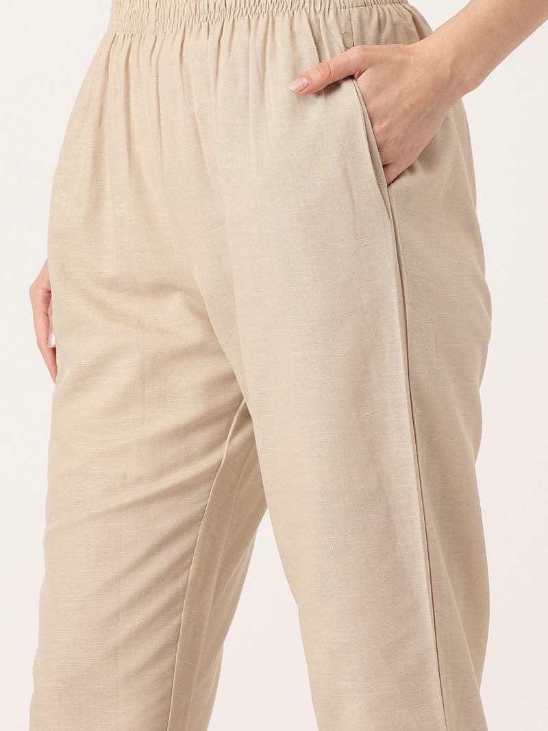 Beige Women's Embroidered Co-ord Set - Viscose Fabric Full Sleeve Shirt and Pant