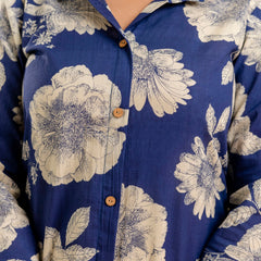 Blue Women’s Co-Ord Set–Printed Collared Kurta with 3/4 Sleeves & Elastic Waist Pants