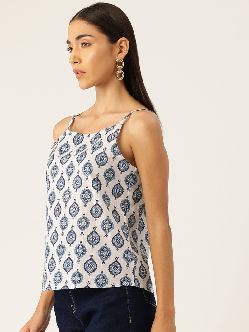 Relaxed fit strappy sleeveless top digitally printed on linen fabric.  | Size- Small  |  Colour - White, Blue