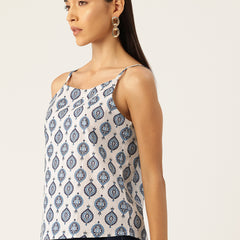 Relaxed fit strappy sleeveless top digitally printed on linen fabric.  | Size- Small  |  Colour - White, Blue