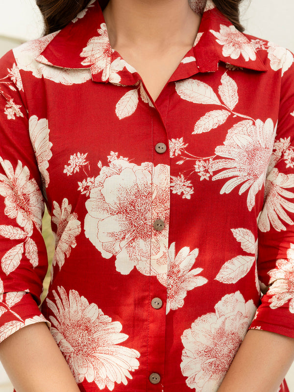 Women’s Co-Ord Set – Printed Collared Kurta with 3/4 Sleeves & Elastic Waist Pants