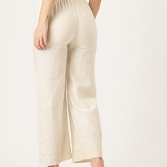 Beige Beige Palazzo|Embroidered, Flax Cotton, Sequin Detail, Ankle-Length, Single Pocket