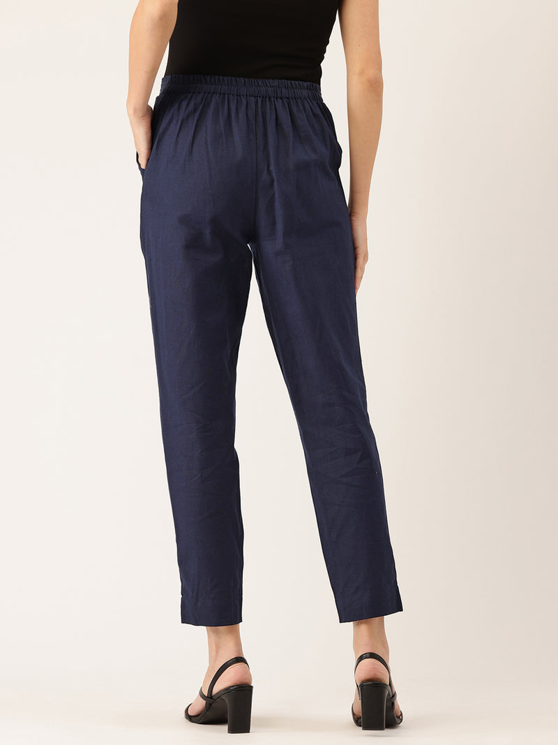 Women's Cotton Pants - Double Pockets, Adjustable Waist, and Ankle-Length Fit