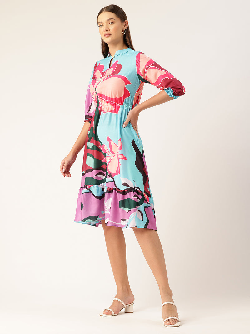 Women’s Multi-Color Muslin Floral Dress with Mandarin Collar & 3/4 Smocked Sleeves