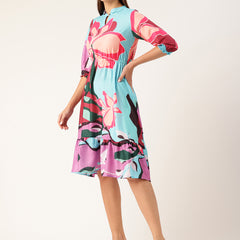 Women’s Multi-Color Muslin Floral Dress with Mandarin Collar & 3/4 Smocked Sleeves