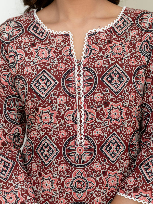 Printed Cotton Lace-Detail Kurta Set with Ankle-Length Pants and Graceful Dupatta