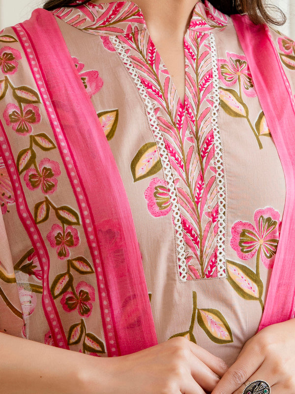 Floral Printed 3-Piece Kurta Set with V-Neckline, Straight Pants & Full-Length Dupatta (Size M–XXL)