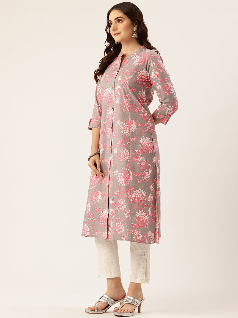 Elegant A-Line Long Kurta for Women - Mandarin Collar with Button Detailing