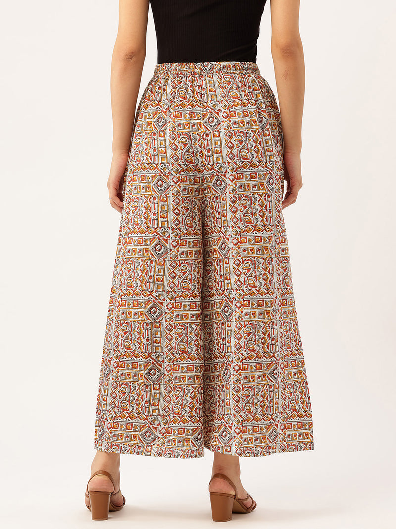 Multicolor Trendy Women's Blue Printed Cotton Palazzos - Elasticated Waist & Ankle-Length Fit