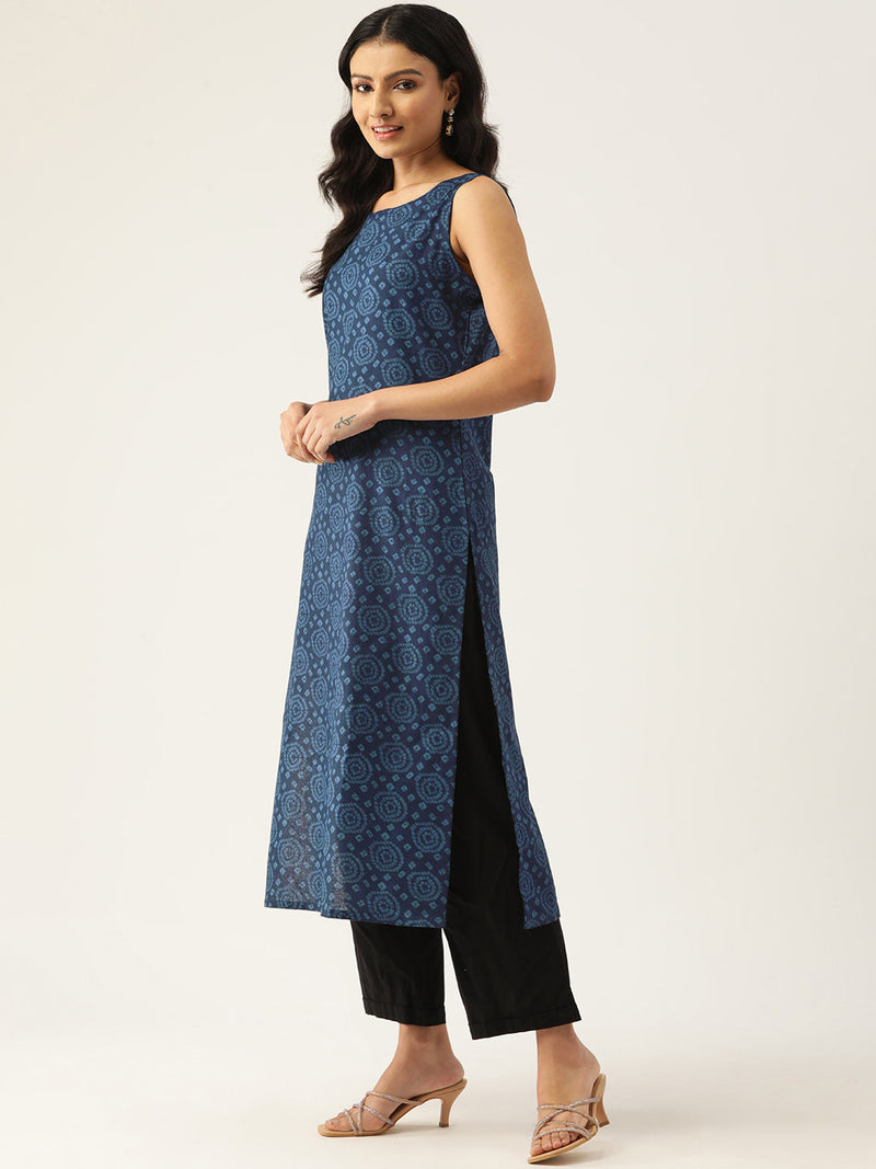 Cotton Boat Neck Sleeveless Straight Kurti
