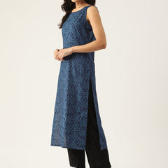 Cotton Boat Neck Sleeveless Straight Kurti