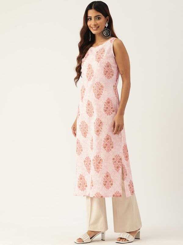 Feranoid Cotton Boat Neck Sleeveless Straight Kurti