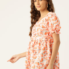 Cropped v-neck peplum puff sleeved top with digital print on linen fabric.