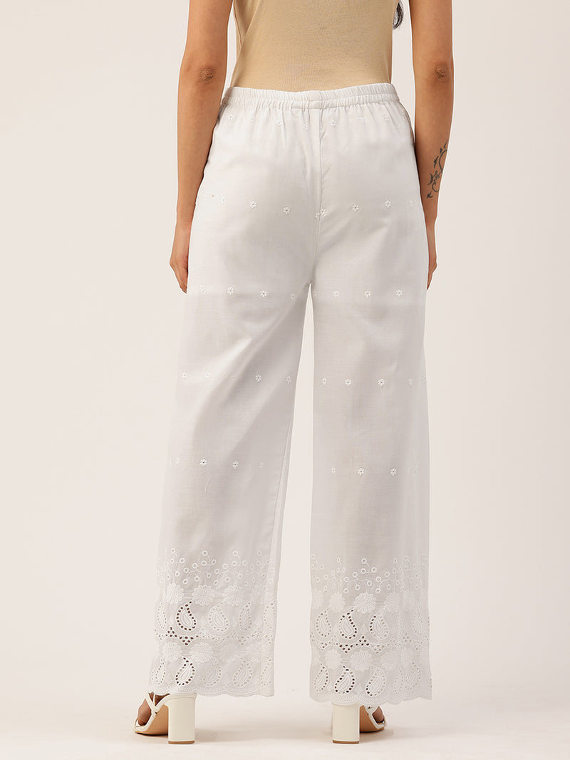 White Embroidered Palazzos–Fully Lined, Elastic Waist & Ankle-Length with Side Pocket