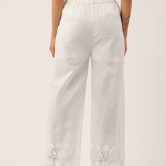 White Embroidered Palazzos–Fully Lined, Elastic Waist & Ankle-Length with Side Pocket