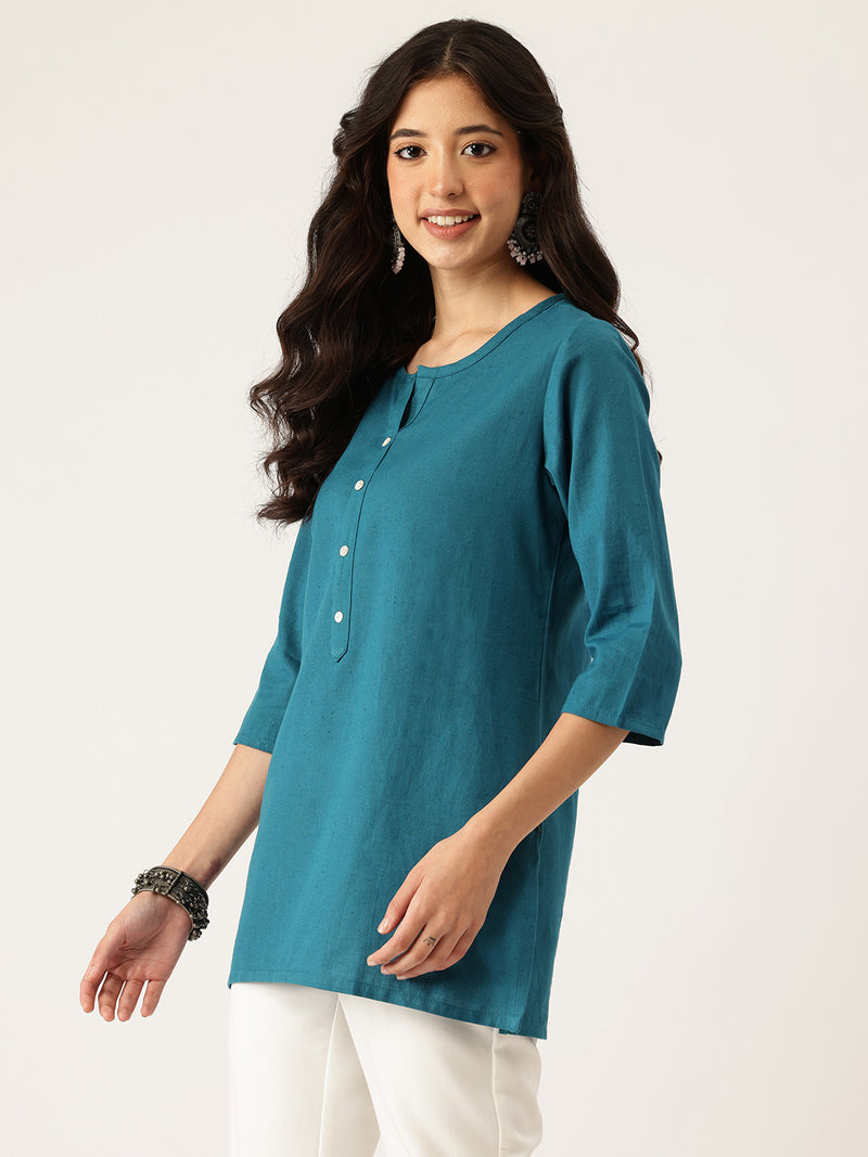 Elegant Short Kurti for Women –Button Detailing & 3/4 Sleeves | Round Neck |
