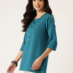 Elegant Short Kurti for Women –Button Detailing & 3/4 Sleeves | Round Neck |