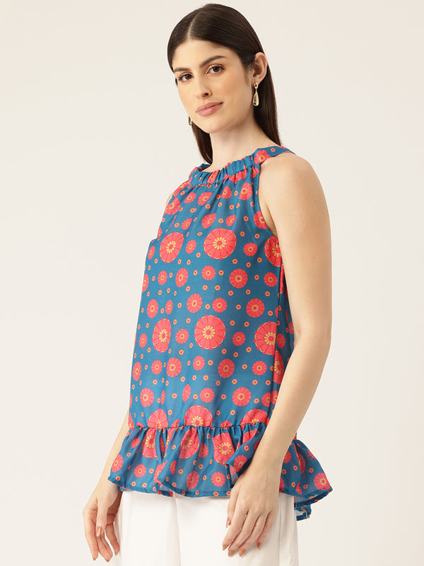 Cropped Sleeveless Elasticated Neck Bottom Flared Top with digital print on linen fabric.  | Size- Small |  Colour - Blue, Red, Yellow