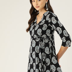 Floral Print Angrakha 3\4 Sleeves Flared Kurti