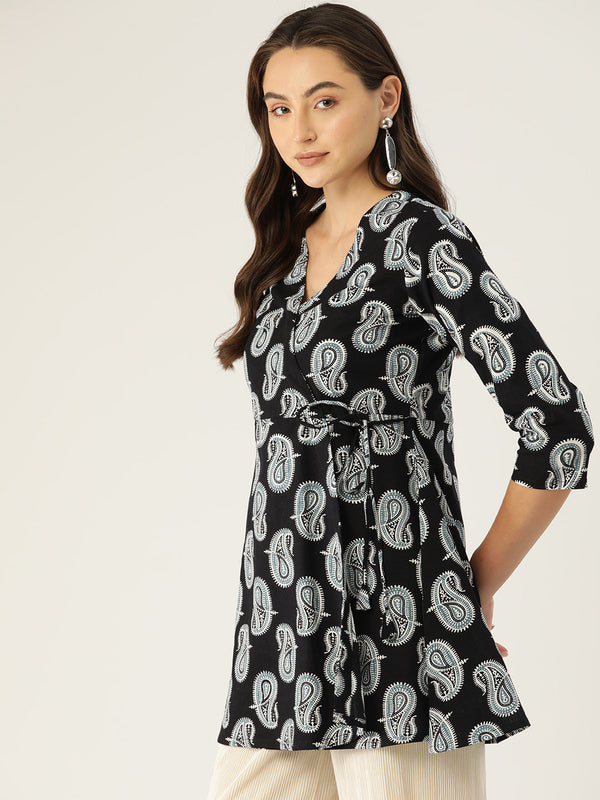 Floral Print Angrakha 3\4 Sleeves Flared Kurti