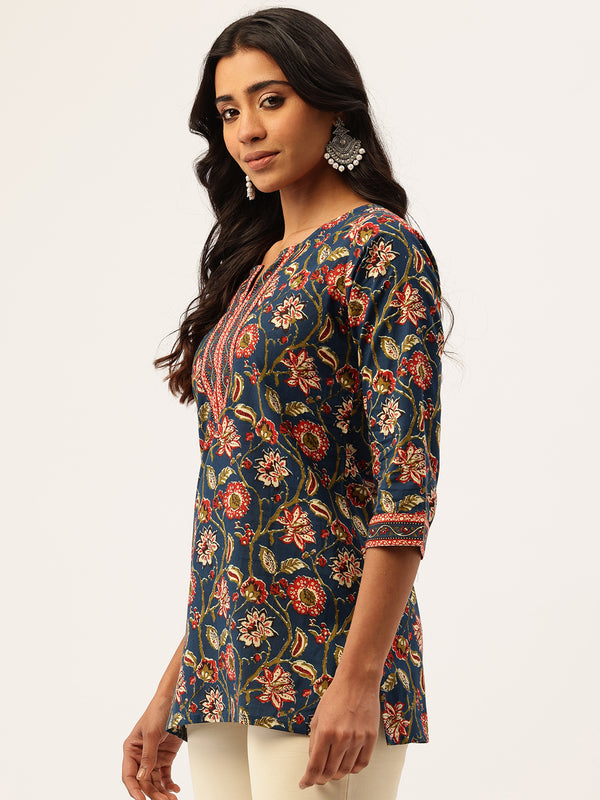 Empress Short Kurti for Women - V-Cut Neckline with Border Detail & 3/4 Sleeves