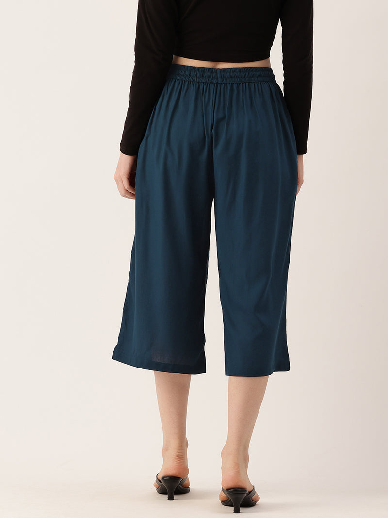 Women's Culottes | Calf-Length Pants with Double Pockets & Elastic Waistband