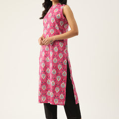 Cotton Printed Sleeveless Straight Long Kurti