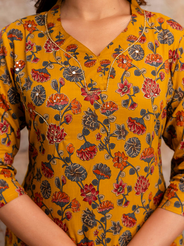 Pure Cotton Mustard Floral Printed 3-Piece Kurta Set with Dupatta