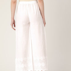 White White Embroidered Cotton Palazzos–Elastic Waist & Ankle-Length with Side Pocket