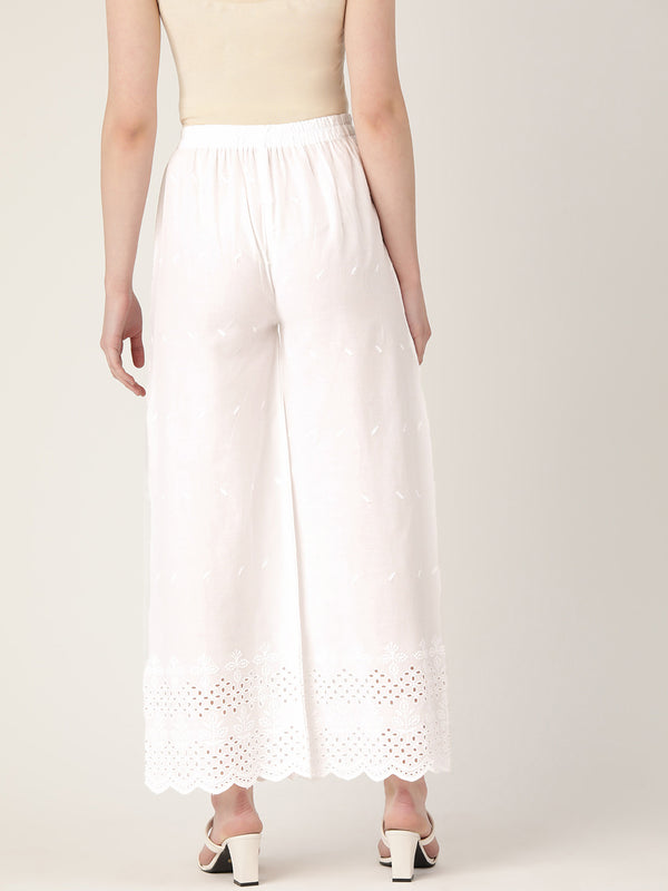 White White Embroidered Cotton Palazzos–Elastic Waist & Ankle-Length with Side Pocket