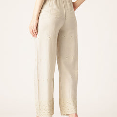 Beige Beige Palazzo|Embroidered, Flax Cotton, Sequin Detail, Ankle-Length, Single Pocket