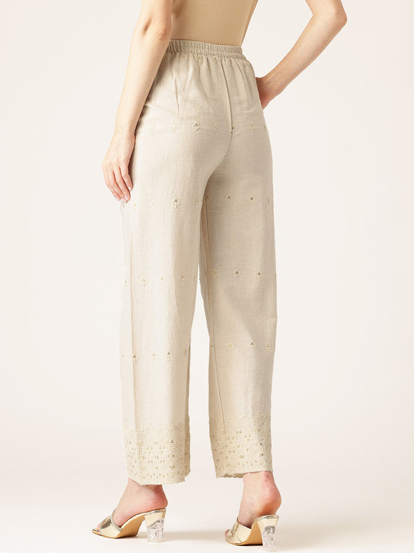 Beige Beige Palazzo|Embroidered, Flax Cotton, Sequin Detail, Ankle-Length, Single Pocket