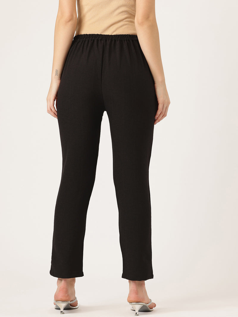 Black Linen Trouser - Ankle-Length Pant , Partially Elasticated ,Double Pockets