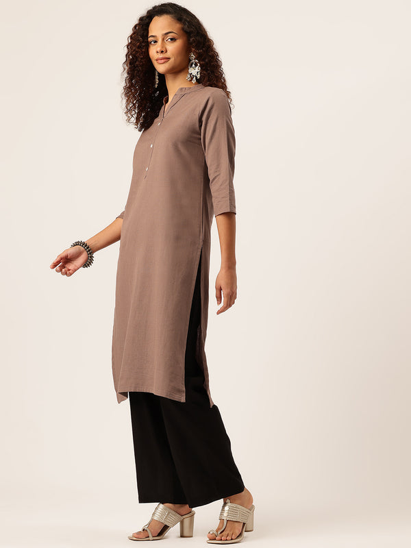 Women’s Solid Long Kurti with Mandarin Collar, 3/4 Sleeves & Pocket | Plain Elegant Cotton Kurta for Daily & Office Wear
