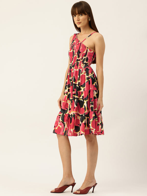 Women’s Rayon One-Shoulder Dress with Smocked Bodice & Flared Skirt – Bright Summer Colors