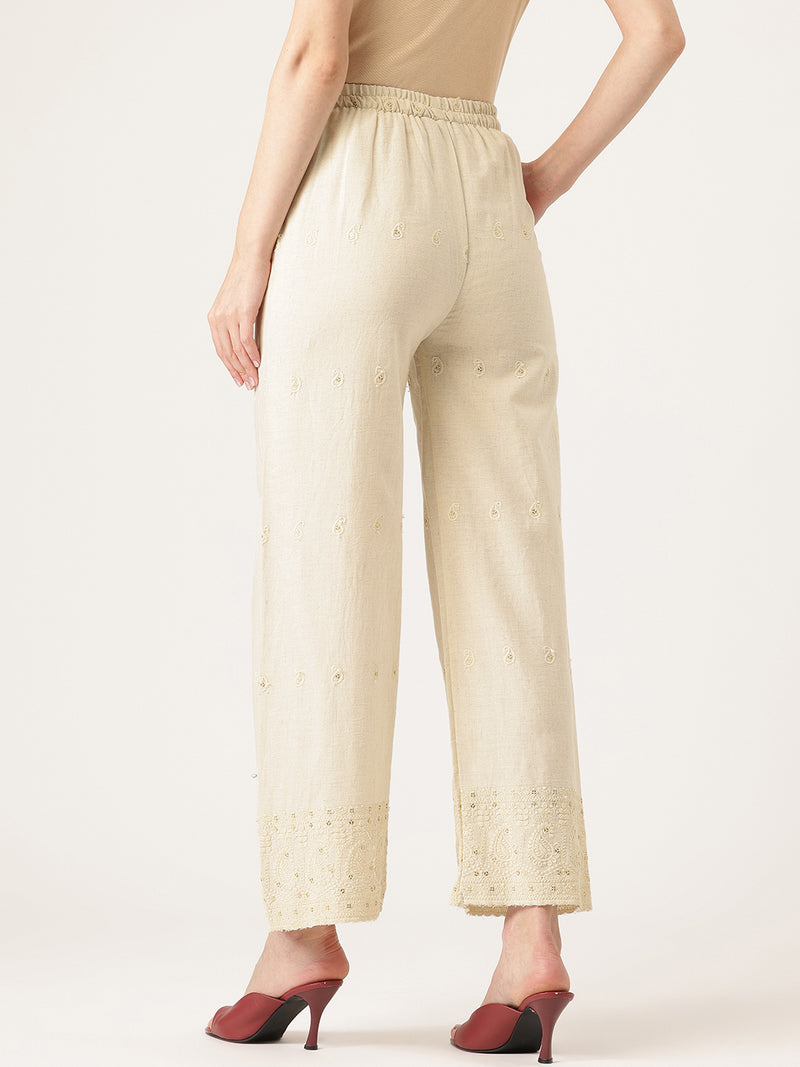 Beige Beige Palazzo|Embroidered, Flax Cotton, Sequin Detail, Ankle-Length, Single Pocket