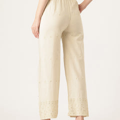 Beige Beige Palazzo|Embroidered, Flax Cotton, Sequin Detail, Ankle-Length, Single Pocket