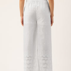 White Embroidered Palazzos–Fully Lined, Elastic Waist & Ankle-Length with Side Pocket