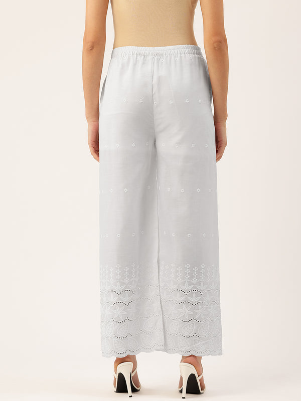 White Embroidered Palazzos–Fully Lined, Elastic Waist & Ankle-Length with Side Pocket
