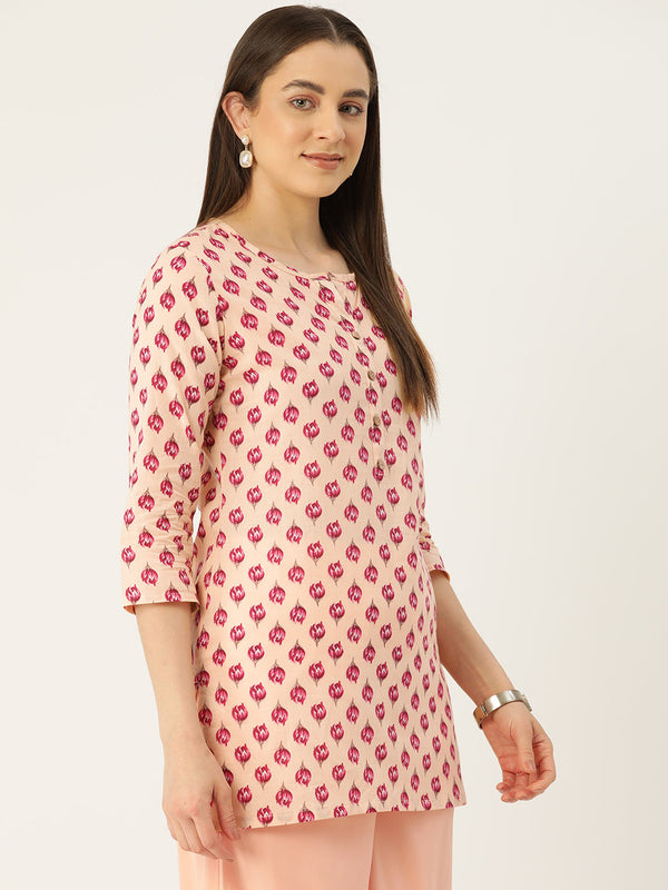 Floral Print 4 Button Straight Kurti